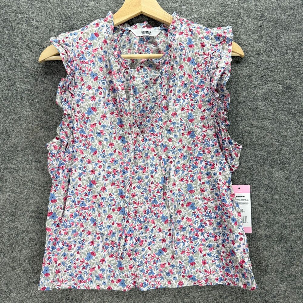 New BB Dakota Blouse Women S Small White Floral V-Neck Tasseled Sleeveless